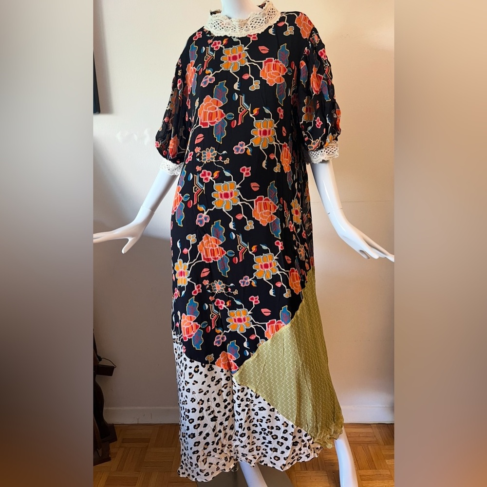 Floral Patchwork Dress - Black, Orange, Green